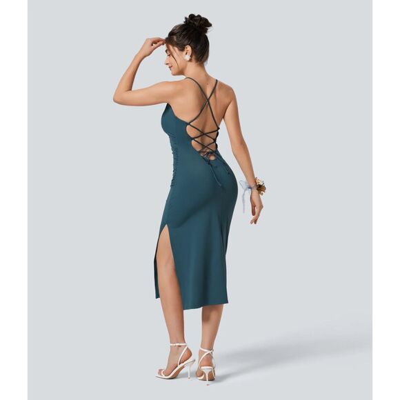 HALARA NWT Softly Zero Ruched Lace Up Bodycon Dress Ink Green Size Small - Picture 2 of 8